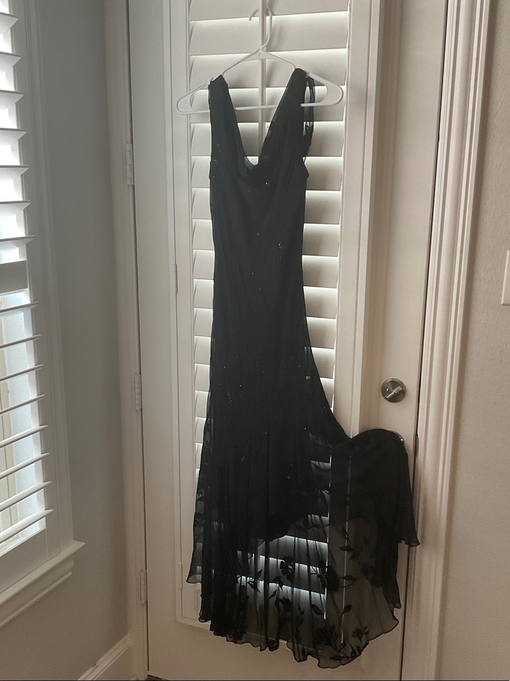 Betsy & Adam Black One-Shoulder Evening Gown